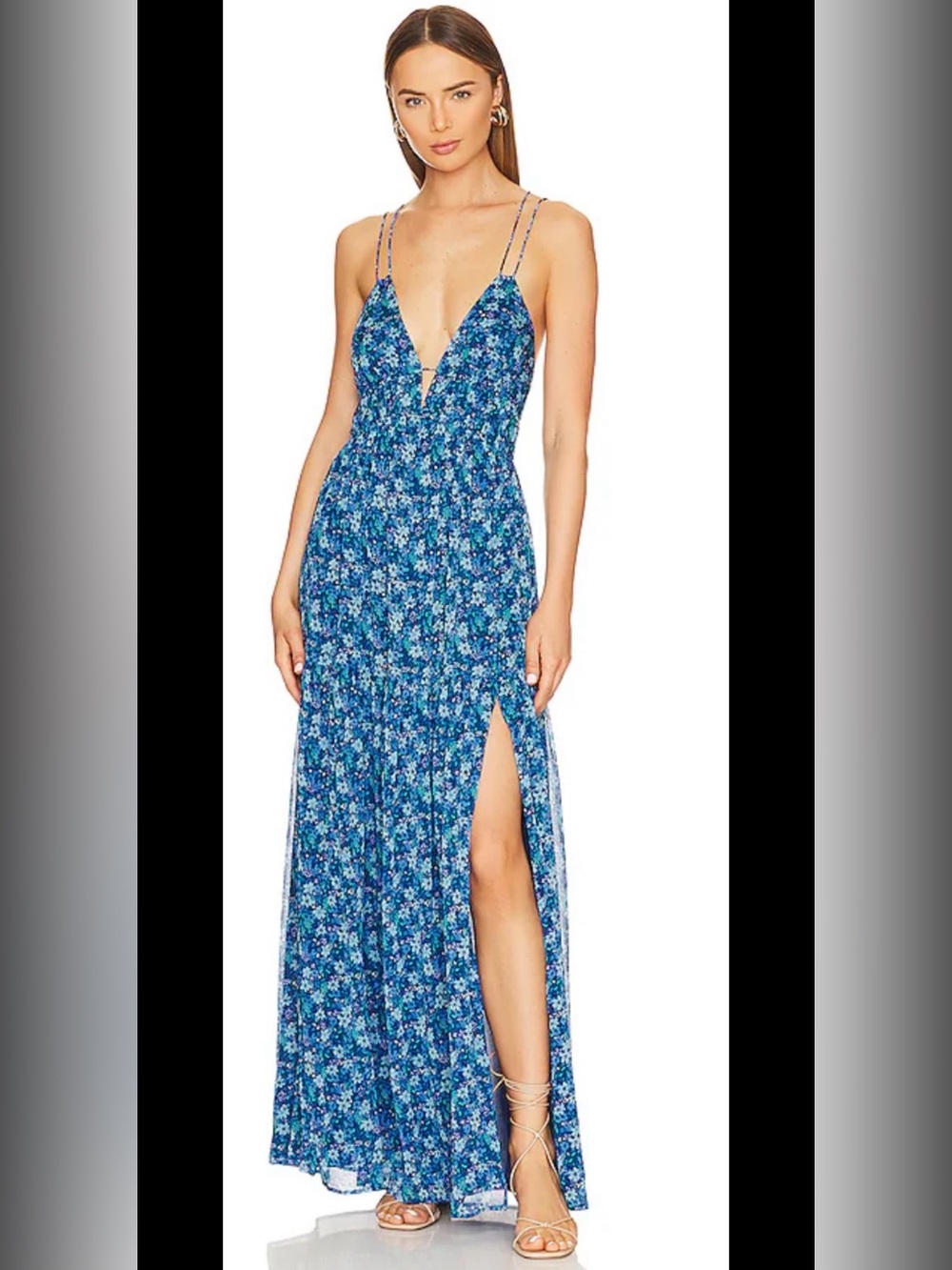 ASTR the Label Ryliana Maxi Dress Blue Floral Open Back Size M